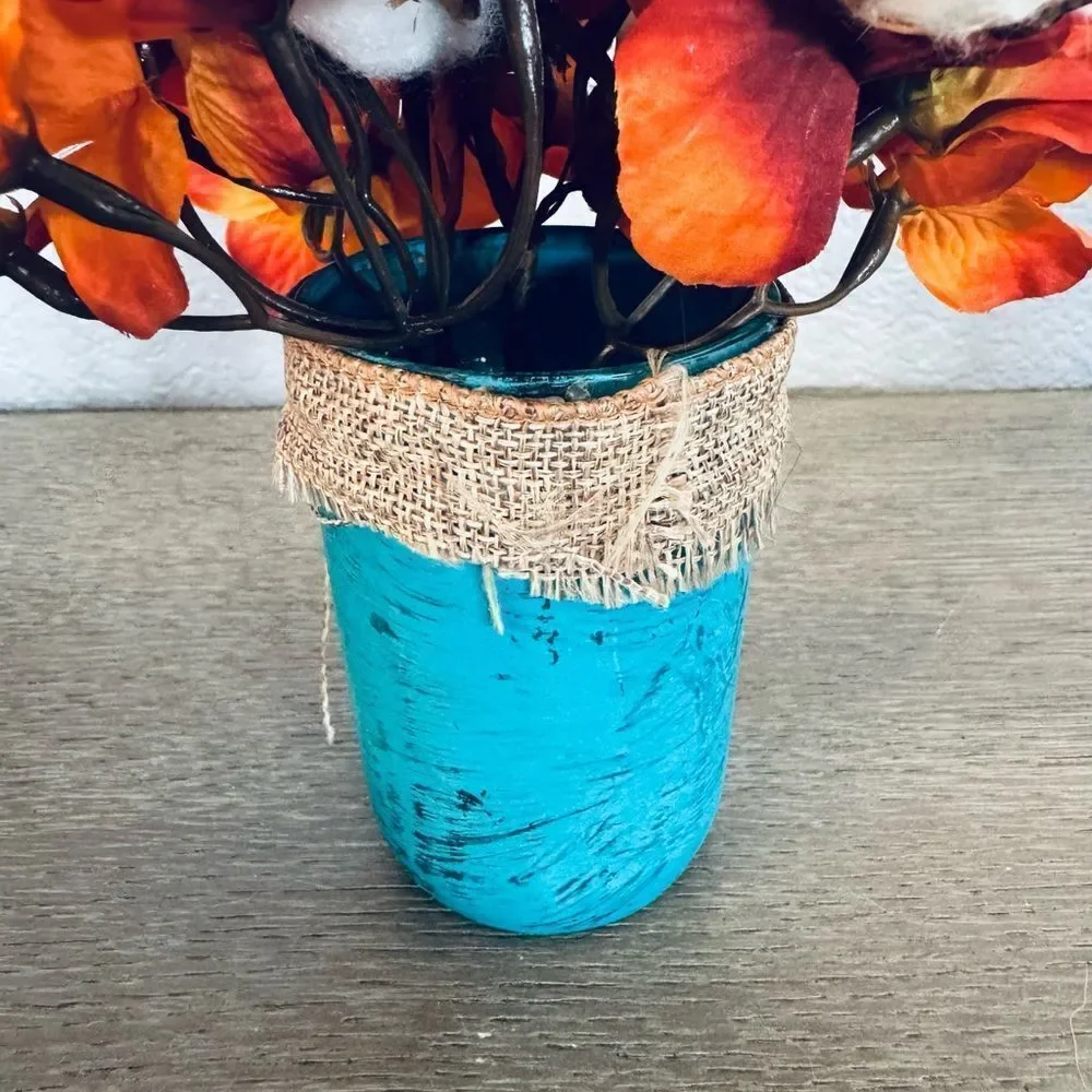 Fall Farmhouse Turquoise Mason Jar Vase Hydrangea Cotton Floral Arrangement